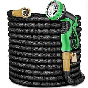 Expandable Garden Hose 50 ft with 10 Function Nozzle Sprayer, Lightweight Flexible Water Hose with Durable Collapsible Latex Core & Solid Brass Fittings, 50ft Retractable Stretch Hose, Black