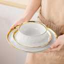 LOVECASA 12 Pieces Plates and Bowls Sets, Porcelain White and Gold Dinnerware Sets, Round Dinner Plates Dishes Set Service for 4, Dishwasher Safe and Scratch Resistant, White