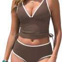ZAFUL Womens Tankini Swimsuits Tummy Control Bathing Suits Two Piece Drawstring V Neck Swim Top with High Waisted Bottom