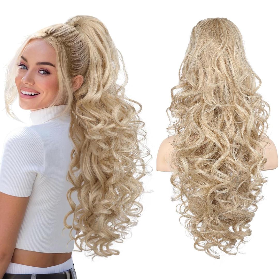 SEIKEA Ponytail Extension, 24" Fluffy Long Wavy Curly Claw Clip Hair Extensions Ponytail Multi-layered Clip in Fake Pony Tails Natural Soft Synthetic Hairpiece Blonde with Pale Gold Highlights