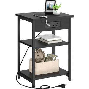 CALERTAIN End Tables with Charging Station USB Ports, 3 Tier Tall Night Stand with Storage Shelves,Narrow Side Table for Small Space Living Room Bedroom Office, Record Player Stand, Black