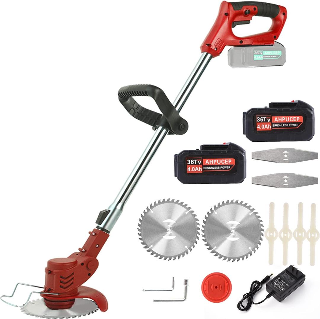 Cordless Brush Cutter Electric Weed Wacker with 3Types Blades,Weed Eater Electric Brush Cutter Battery Powered for Lawn Garden Pruning/Trimming,Included 2Pcs 4Ah Batteries,Lightweight