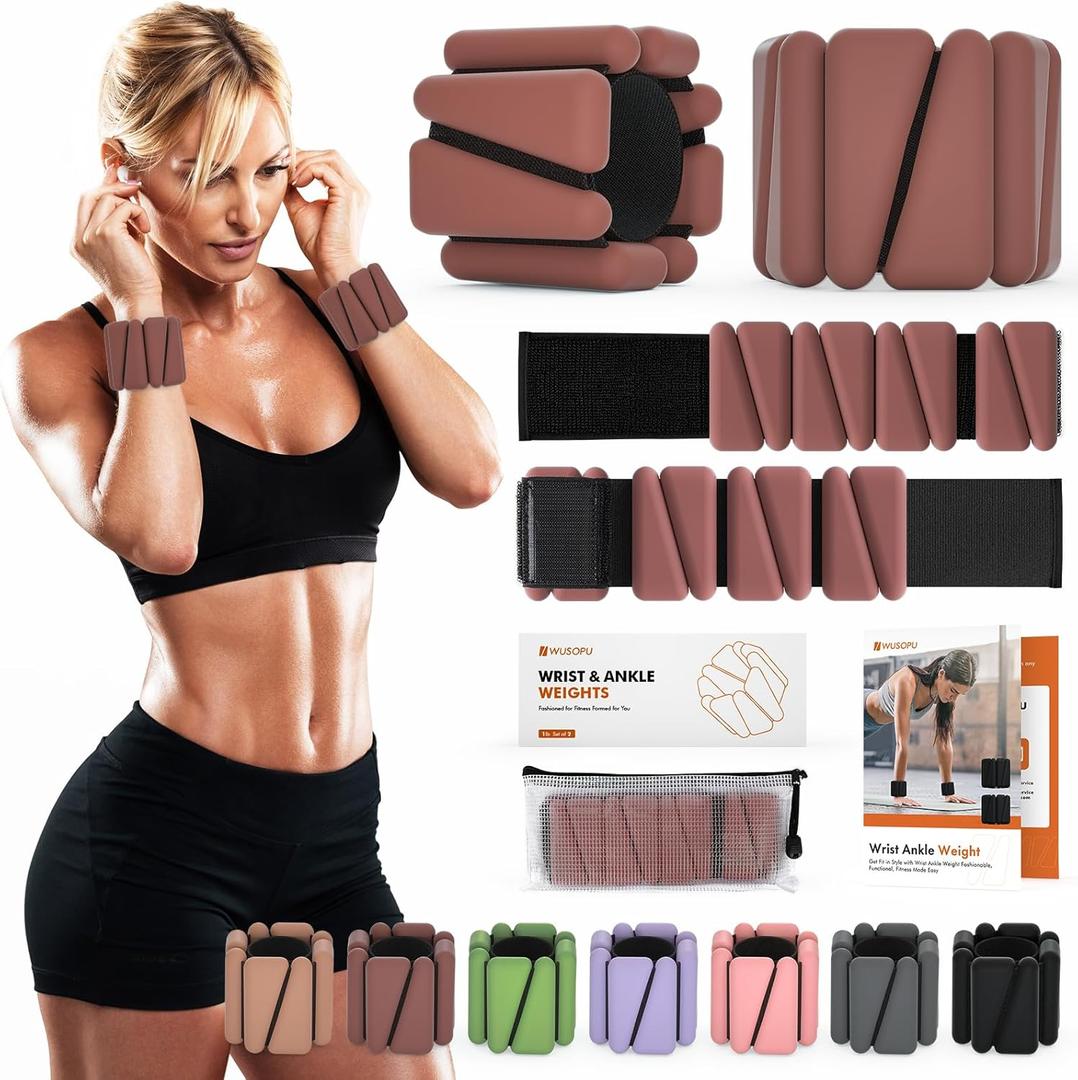 Wrist Weights, Ankle Weights for Women Men, Adjustable Wrist Weighted Bracelet for Home Gym Workout, Running, Yoga, Exercise, Strength Training, Set of 2 (1LB Each) (Dark Brown)