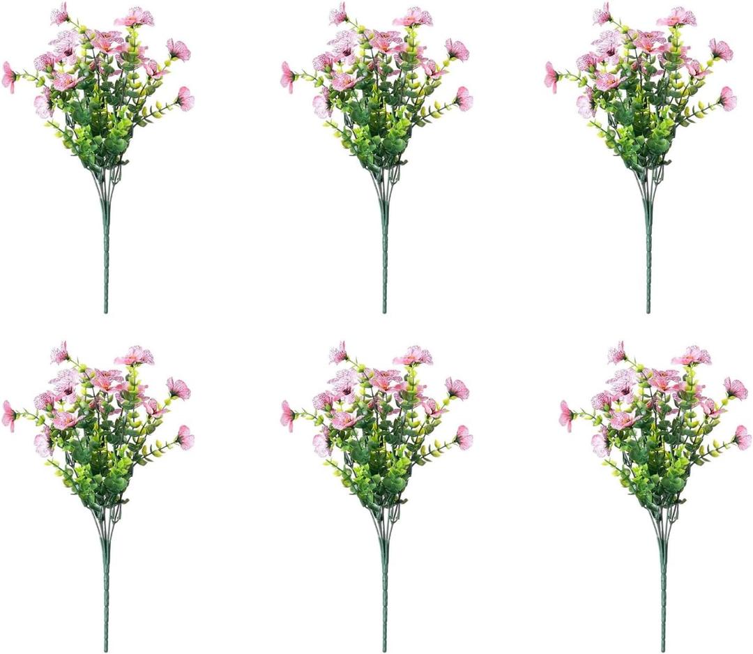 6 Bundles UV Resistant Artificial Flower, Plastic Fake Plants, Faux Plants for Garden, Porch, Window Box, Home and Wedding Decor(Pink)