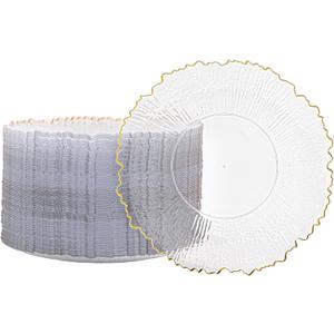 100 Pcs Clear Gold Plastic Plates,10 Inch Clear Disposable Dinner Plates with Gold Rim,Heavy Duty Gold Plastic Platos Disposable for Party & Wedding