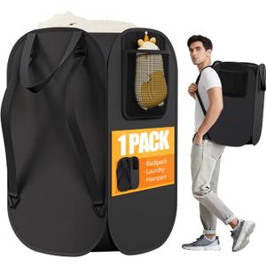 Collapsible Backpack Laundry Bag Made by Strong Polyester Oxford Cloth, 76L Heavy Duty Large Hamper with Adjustable Shoulder Strap, Foldable Basket with Mesh Pocket for College, Travel, Apartment
