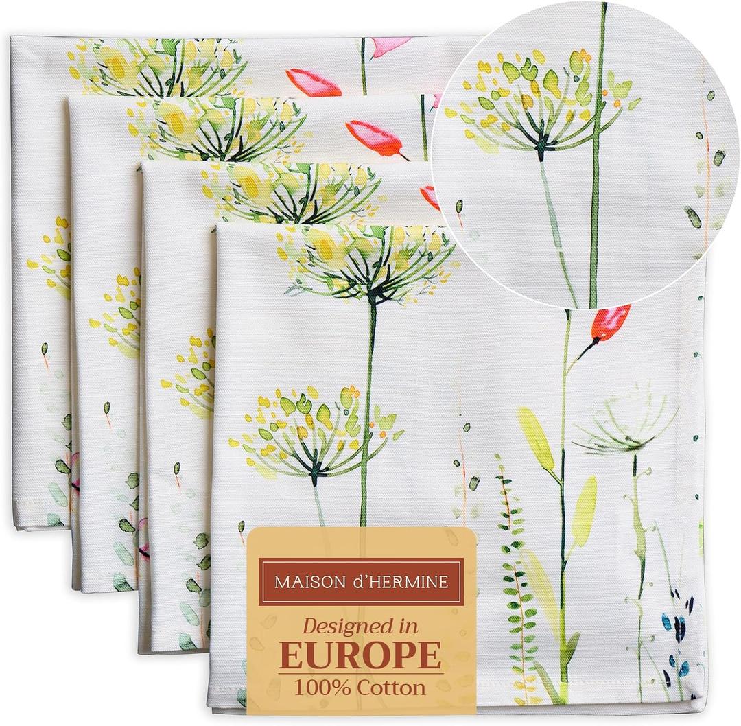 Maison d' Hermine Cloth Napkins Set of 4 100% Cotton Everyday Reusable Square Napkins Cloth Washable Dinner Wedding Restaurant Easter Decorations Spring/Summer (Botanical Fresh, 20" x 20")