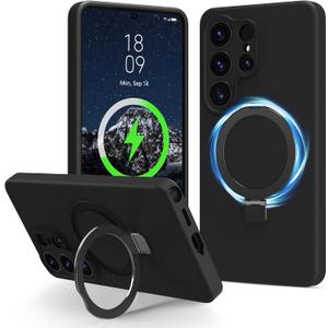 for Galaxy S26 Ultra Case with Stand, Slim Liquid Silicone Phone Cases for Samsung Galaxy S26 Ultra Compatible with MagSafe Magnetic Ring Kickstand Case Full Camera Protection, Black