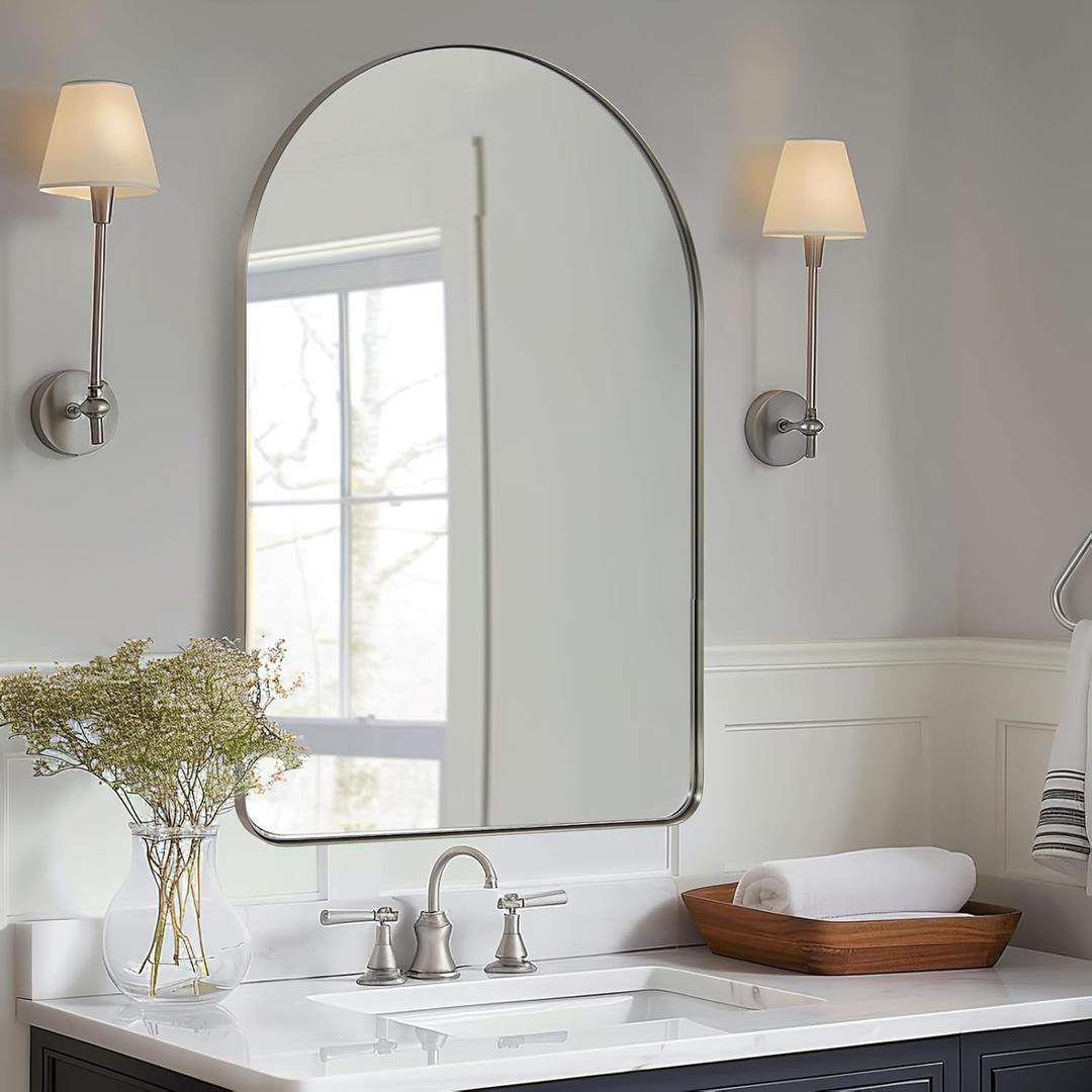 ANDY STAR Arched Mirror, 24" x 38" Brushed Nickle Bathroom Mirror in Stainless Steel Metal Frame, Arch Top Rounded Corner 1" Deep Set Design Wall Mount Hangs Vertical