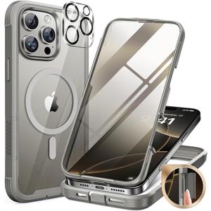 Miracase for iPhone 16 Pro Max Case 6.9'', [Bubble Free] Full-Body Bumper Phone case with Built-in Full Glass Screen &Lens Protector,Compatible with MagSafe,Drop Proof 16 Pro Max Cover,Titianium (iPhone 16 Pro Max 6.9", Magnetic Grey Titanium)