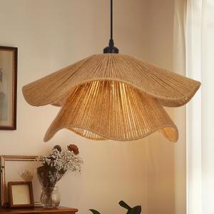Littleglovo 23.6" Large Rustic Pendant Light, Boho Jute Rope Hand Woven Hanging Lighting Fixture, Wicker Coastal Farmhouse Chandelier for Kitchen Island Dining Room Bedroom Living Room Entryway Foyer