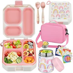 Bento Lunch Box for Kids with 12oz Soup Thermo Leak-Proof Lunch Food Container with 5 Compartment Thermo Hot Food Jar and Insulated Lunch Bag for Kid Toddler Girls Boys to School (White - Rainbow)