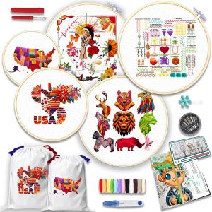 Genius Skills 5 Pack Beginner Embroidery Kits for Adults  DIY Starter Set with Dual-Sided Embroidery Bag, Embroidery Hoop, Colorful Threads, Tools, Step by Step Instructions & Video Tutoria