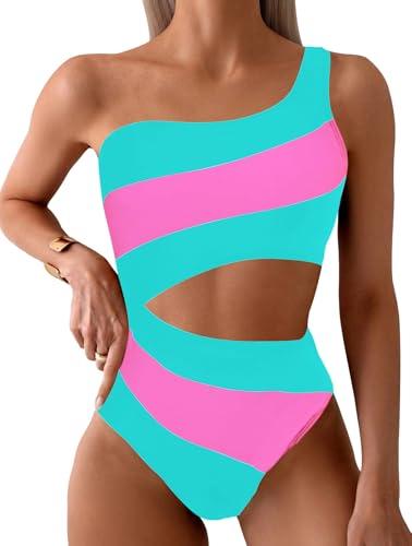 Leoparts Women's Color Block One Piece Swimsuits Monokini One Shoulder Cutout High Cut Bathing Suits Beachwear M