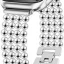JR.DM Beaded Bracelet Silver Band Women Compatible with Apple Watch 42mm(S3/2/1) 44mm 45mm 46mm,Adjustable Metal Replacement Strap,Fashion Dressy Wristband for Iwatch Se Series 11/10/9/8/7/6/5/4/3/2/1