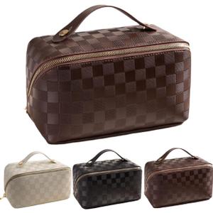 Large Capacity Checkered Makeup Bags Portable Travel Cosmetic Bags Open-Flat Toiletry Waterproof Bag for Women Gift Make up Organizer with Divider and Handle Pouch Zipper Bag (latte-checkered)
