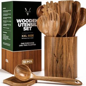 Vasilek Wooden Utensil Set XXl  13 Piece Acacia Wood Cooking Tools with Round Holder for Nonstick Cookware with Holder & Spoon Rest  Wooden Spoons for Cooking, Spatula, Spurtle