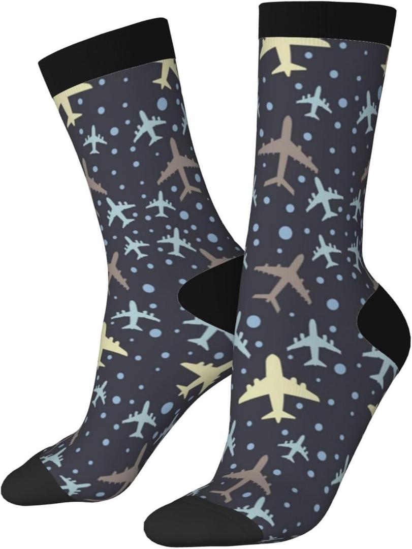 Cute Airplane Novelty Funny Crew Socks, Cool Breathable Dress Socks Gift For Men Women