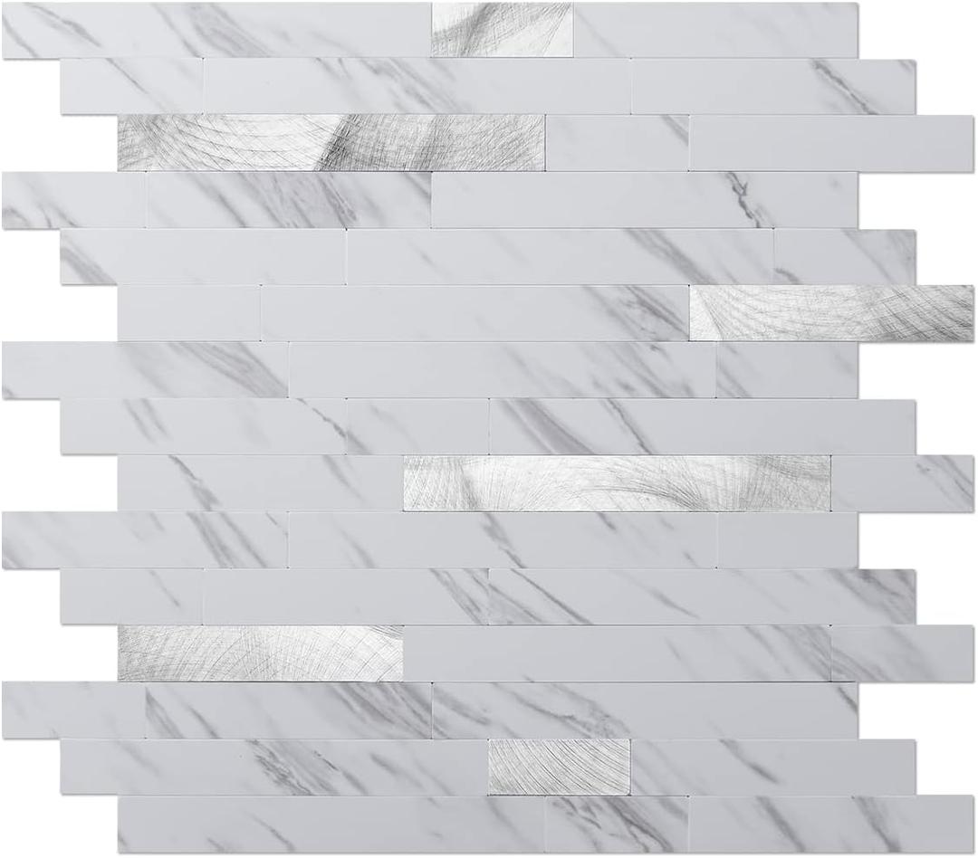 Art3d 10-Sheet Peel and Stick Backsplash Tile for Kitchen Bathroom Fireplace Laundry Room in White Marble Tone (13.4" x 11.8", White Slate with Silver Studded)