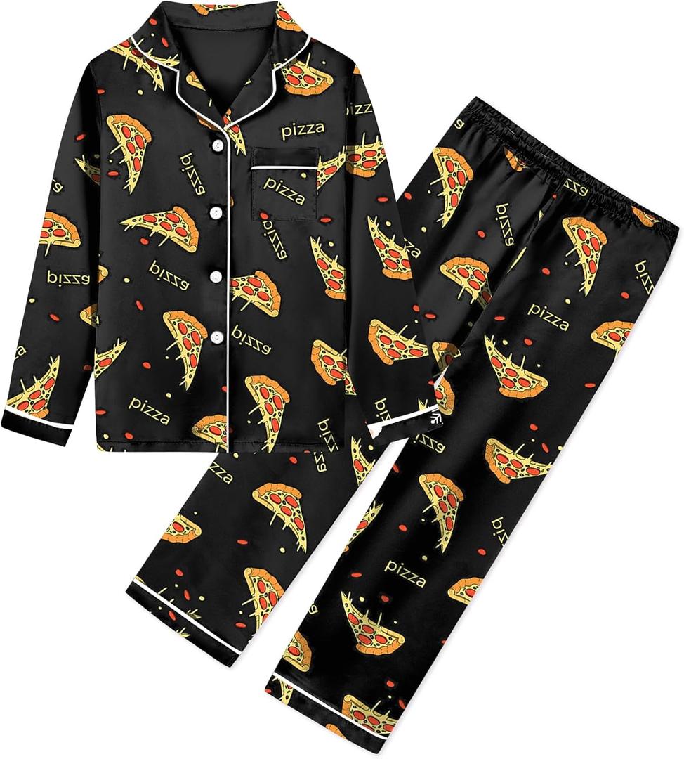 Umeyda Boys Pajamas Sets Long Sleeve Sleepwear 2 Piece Pjs Set (11-12 Years, Black Pizza)