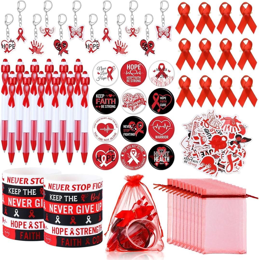 122 Pcs Ribbons Awareness Accessories Includes Ribbons Bracelets Stickers Pins Pens Keychain for School Charity Fundraiser Public Activities Supplies(Red Ribbon,Red)