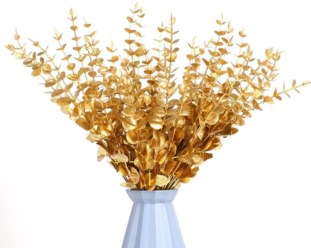 FOIMAS Gold Artificial Eucalyptus Stems,36pcs Faux Eucalyptus Branches Leaves Decor for Floral Arrangement Wedding Bouquet Home Decoration