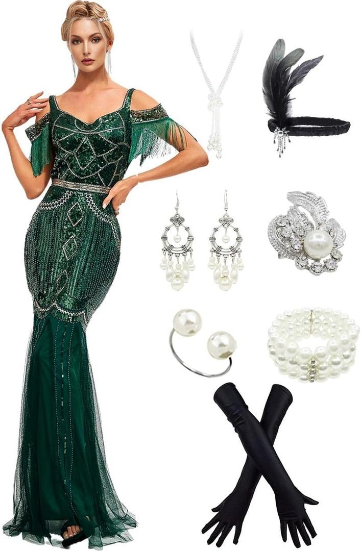1920s Sling Offer Shoulder Tassel Flapper Fringe Long Mesh Mermaid Hem Dress Gatsby w/Accessories Set (XL, Green)