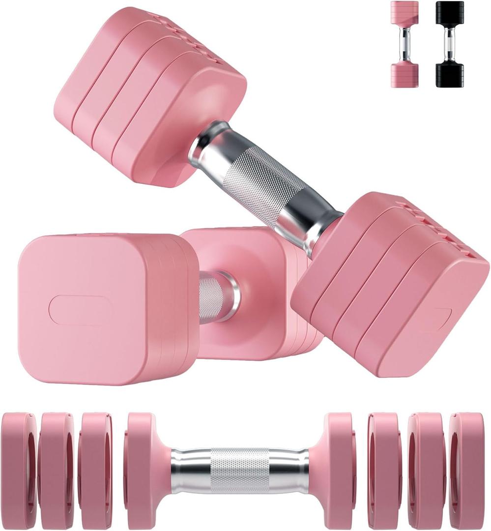 20LB Adjustable Dumbbell Set, 10lb Dumbbells Set of 2, 5 in 1 Free Weights Set, Each 4lb 6lb 8lb 10lb for Women & Men for Home Gym Exercise Workout Strength Training Equipments (Pink)
