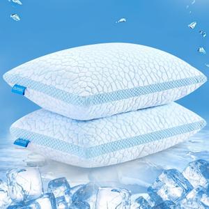 Double Sided Cooling Pillow for Hot Sleepers, Shredded Memory Foam Pillows King Size Set of 2, Adjustable Soft & Firm Gel Bed Pillow for Side, Back, Stomach Sleepers (Icy Blue)