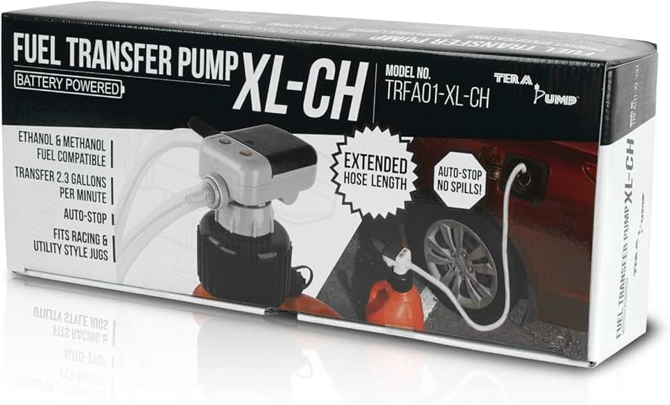TERA PUMP, TRFA01-XL-CH, Battery Powered Chemical Fuel Transfer Pump with Auto-Stop Sensor, 2.3 GPM, Designed for Methanol, Ethanol, DEF, Window Washer Fluid, Comes with 4 Adapters, Fits Most Gas Cans