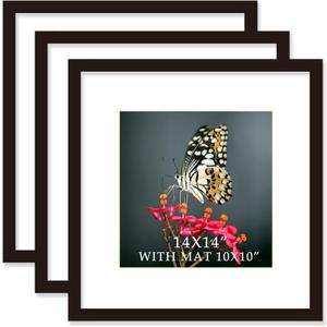 14x14 Frame Black With Mat 10x10 Solid Wood Picture Frames Wall Mounting (3 pack, 14x14 Inch)