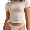 SUUKSESS Women Double Lined Fitted Basic Tee Crew Neck Short Sleeve Y2K Crop Top (X-Small, Soft Sand)
