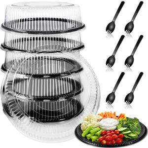 Tessco 6 Pack Plastic Serving Platters with Lid and Sporks, Disposable Heavy Duty Party Tray Round Catering Tray Containers for Food Salad Sandwich Takeout Picnic Supplies (12 Inch,Black)