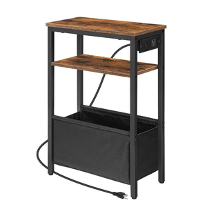 HOOBRO Small Narrow Side Table, Skinny End Table with Charging Station, Extra Slim Nightstand with Storage for Small Spaces, Thin End Table for Living Room, Rustic Brown and Black