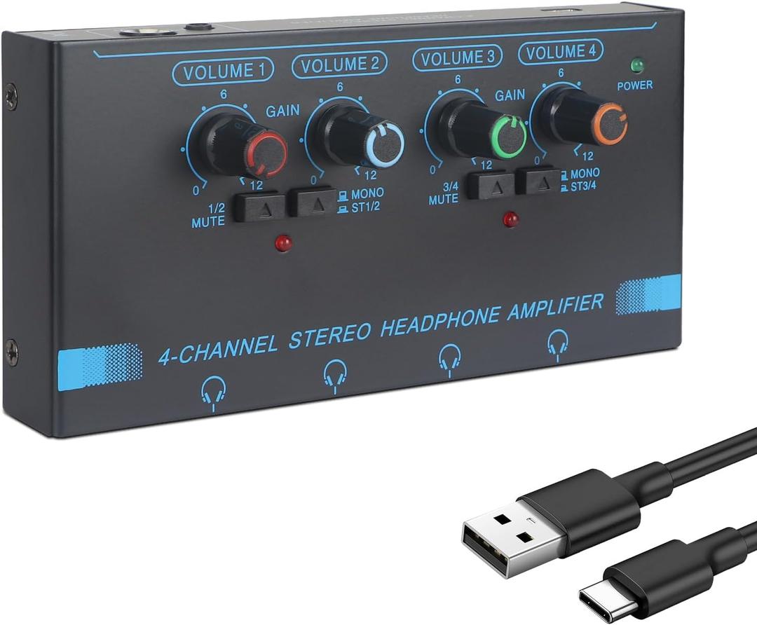 Horse Headphone Amp Amplifier, 4-Channel Metal Stereo Audio Amplifier, Mini Earphone Splitter, 1/4" 1/8" TRS/TS Audio Input and Output for Music Studio, DC 12V(Blue&Black)