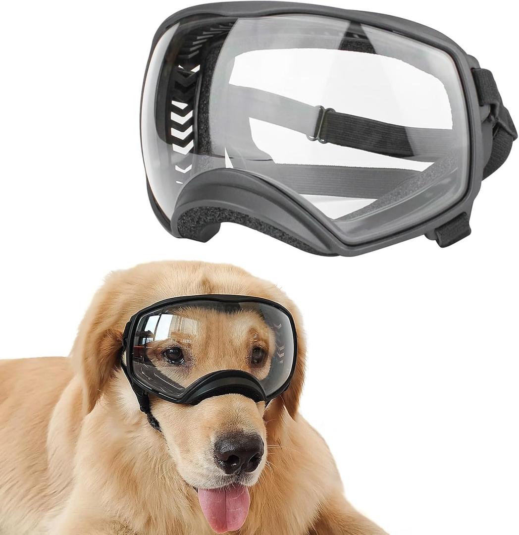 NAMSAN Dog Goggles for Large Dogs, Clear Lenses, Dog Sunglasses Medium to Large Breed, Anti-UV Doggie Eye Protection, Adjustable Driving Glasses, Windproof Dustproof, Black