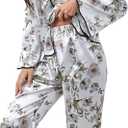 WDIRARA Women's Satin 2 Piece Pajama Sets Long Sleeve Pants Button Down Sleepwear (S)