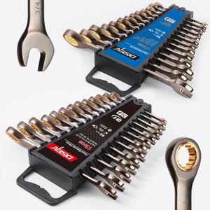 DISEN 26 Piece Ratcheting Wrenches Set 90 Teeth, Combination Wrenches Set Metric 6MM-19MM and SAE 1/4 Inch-13/16 Inch, Cr-V Steel, Fixed Head, Nickel Plating with Organizer