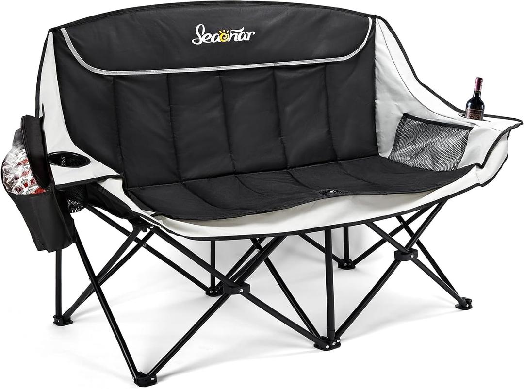 Double Camping Chair for Adults Outdoor Folding Chair with 2 Cooler Bags Support 500lbs Heavy Duty Camp Chair for Outdoor Sports Beach - Black&Grey