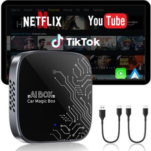 ByteWave 4-in-1 Wireless CarPlay Adapter for Streaming Netflix/YouTube/TikTok/TF Card, 2025 Magic Video AI Box & Android Auto Dongle, Plug & Play, Fits for OEM Wired CarPlay Cars-Silver