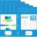 Two Pocket Folders, RAZCC 75 Pack Two Pocket Folders with Prongs, 3 Prong Folders Fit Letter Size Paper, Pocket File Folders for School Office Home Business, Blue