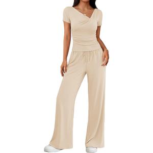 ZESICA 2 Piece Lounge Sets for Women 2026 Casual Summer Short Sleeve Ruched Top Wide Leg Pants Matching Travel Outfits