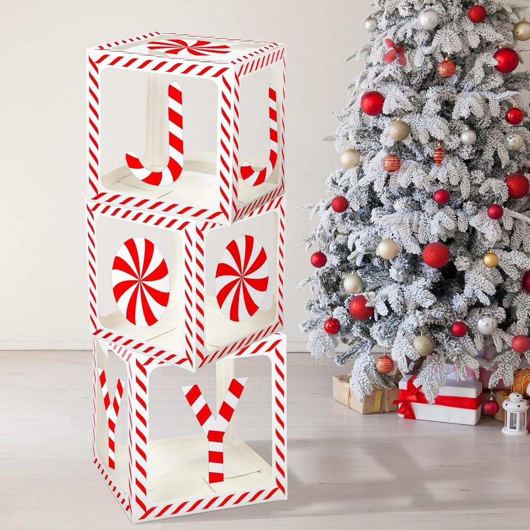 Cholemy 3 Pcs Candy Cane Decorations Merry Christmas Joy Boxes Christmas Transparent Boxes Xmas Balloons Decorations or Holiday Party Fireplace Home Decor(Classical Color,Candy)