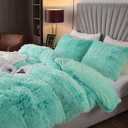 EMME Faux Fur Duvet Cover Queen Size, 3 Pieces Ultra Soft Fluffy Comforter Cover, Cozy Warm for Winter, Luxury Elegant Shaggy Bedding, 1 Duvet Cover & 2 Pillow Shams (Queen, Aqua)