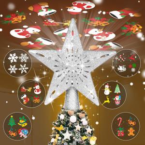 Christmas Tree Toppers Lighted with 6 Projection Modes, Christmas Star Tree Topper with Built-in LED Rotating Lights, Silver 3D Glitter Projection for Xmas Party Holiday Decorations