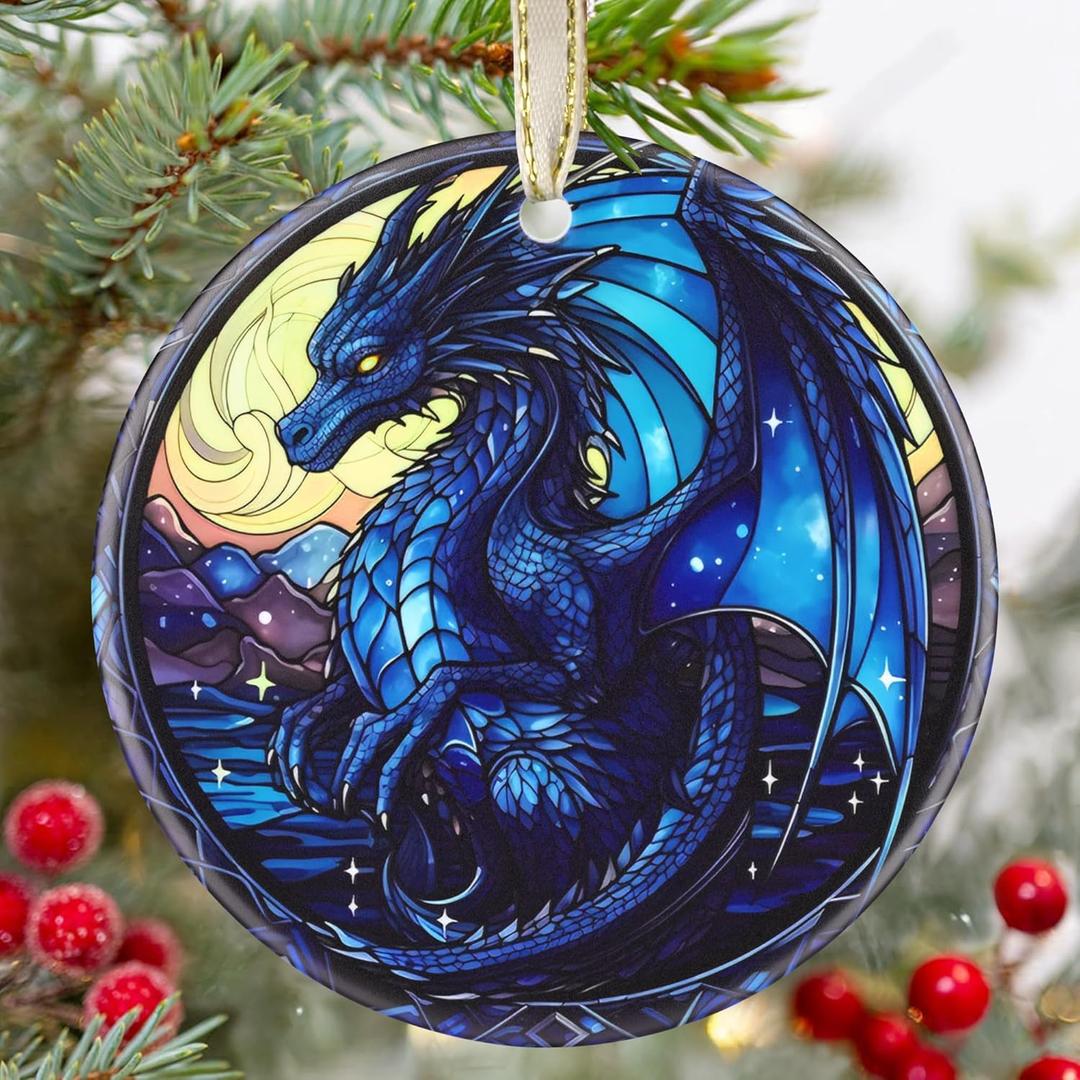 Christmas Ornament - Dragon Decor Round Ceramic - Dragon Ornament - Christmas Tree Decor - Ornaments for Christmas Tree - Dragon Lovers Gifts - Dragon Themed Gifts