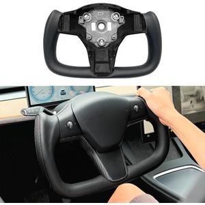 Tlyard Yoke Steering Wheel Personalized for Tesla 3 Y, Black Nappa Leather with Glossy Carbon Fiber for Tesla Model 3 2017-2023, Model Y 2019-2024 With Heating Function