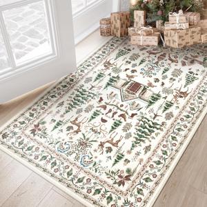 LIVEBOX Washable Rugs 3x5, Soft Vintage Neutral Rugs, Christmas Holiday Rug for Entryway with No-Slip Backing Retro Carpet for Kitchen Laundry Room (Beige)