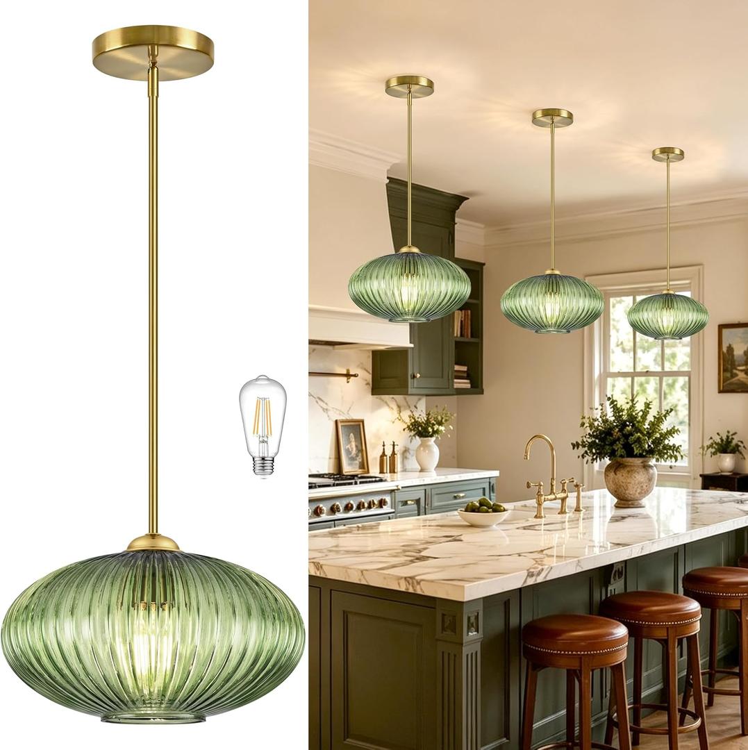 12" Mid Century Modern Pendant Light Green Vintage Pendant Lights Kitchen Island Ribbed Glass Pendant Light Adjustable Hanging Pendant Light for Dining Room Bedroom (Bulb Included)