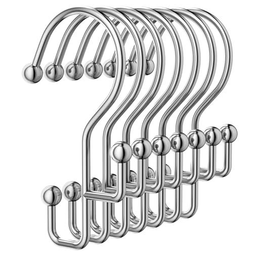 Goowin Shower Curtain Hooks, Silver Shower Curtain Hooks Rust Proof, Anti-drop Metal Shower Curtain Rings Hooks, Double Shower Hooks for Shower Curtain, Shower Rings for Curtain & Liner, Silver-12 Pcs